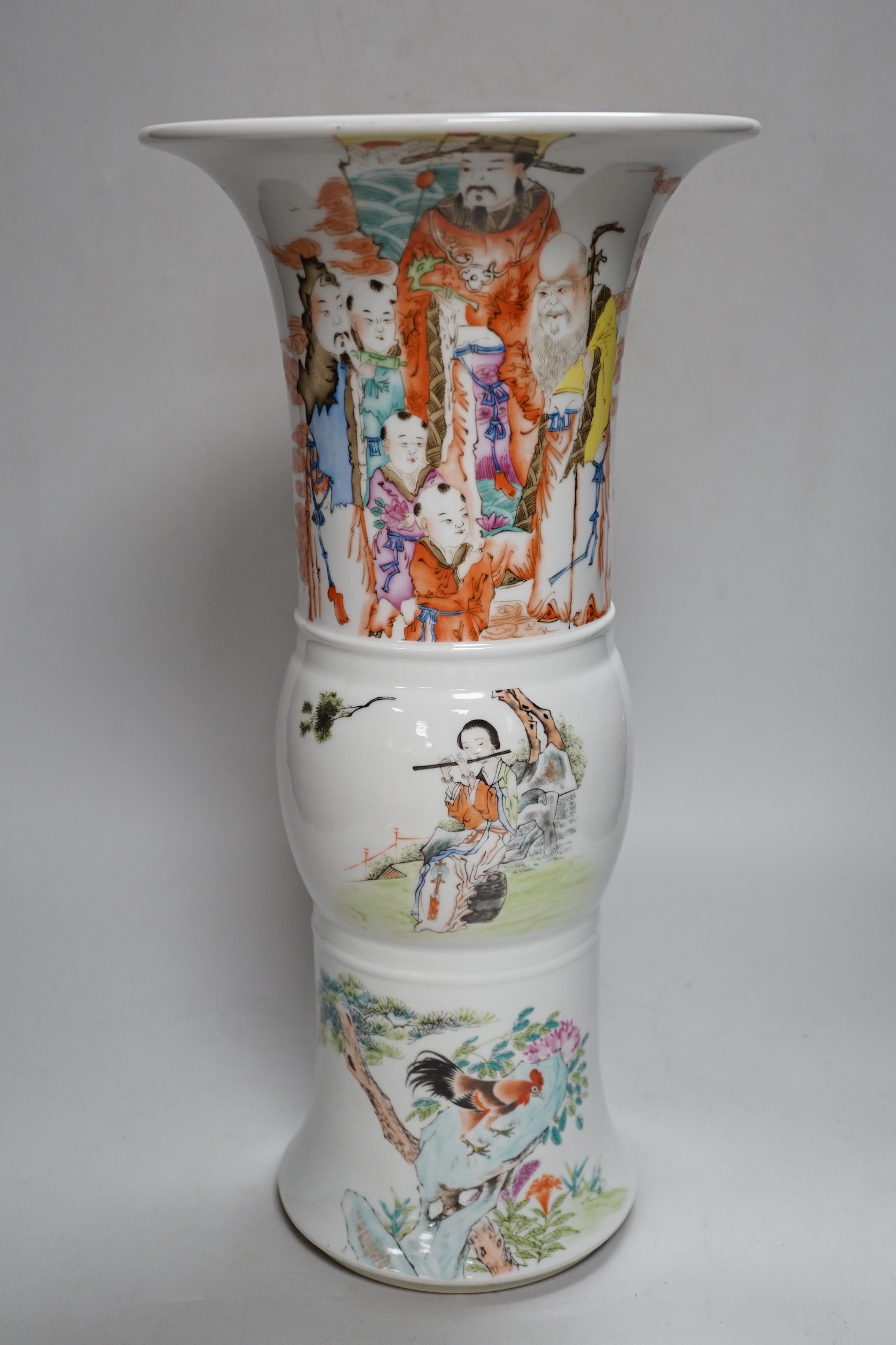 A Chinese enamelled porcelain beaker vase, with inscription on base, 44cm high